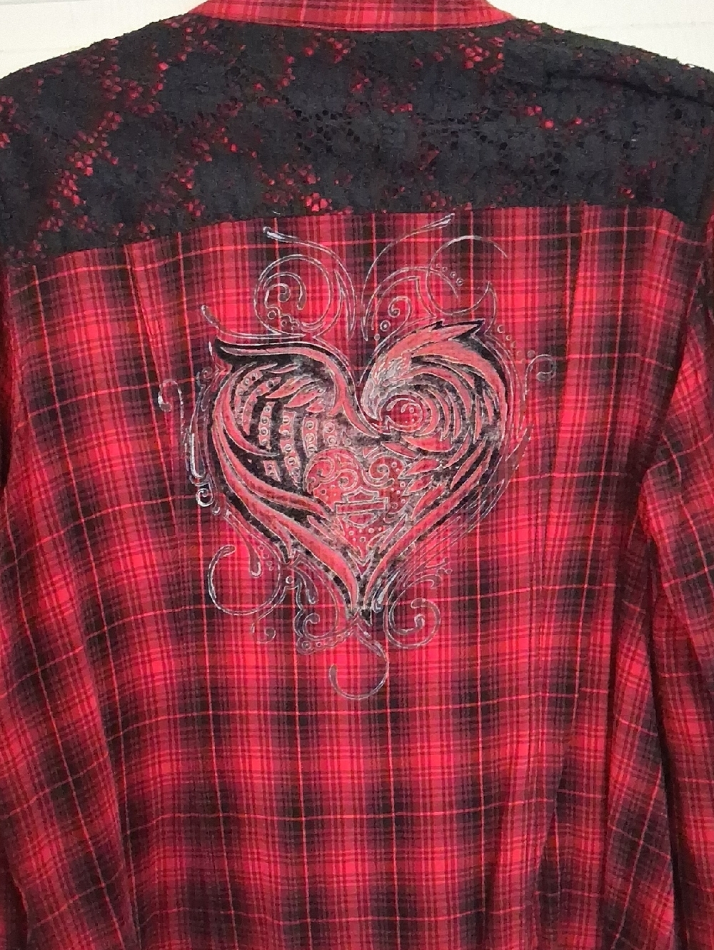 Harley-Davidson Red and Black Plaid Lace-Trim Button Shirt